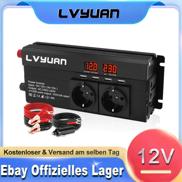 12V auf 230V Wechselrichter Spannungswandler 1000W 2000W Inverter LED USB