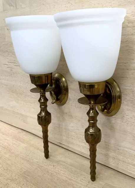 2 Vintage Large Heavy Twisted Brass Wall Candle Sconces & White Glass Shades