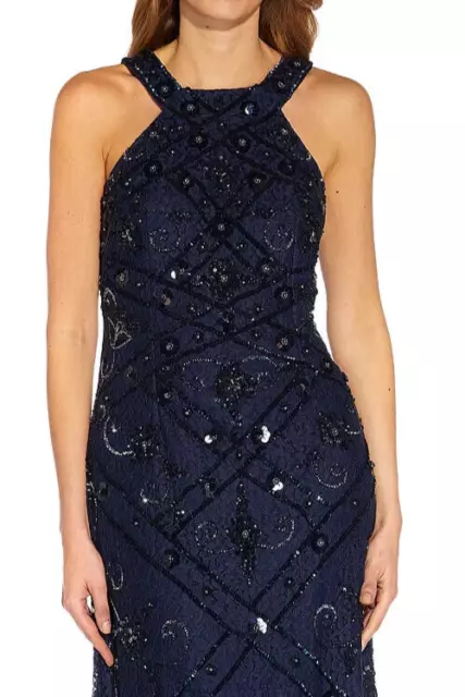ADRIANNA PAPELL Lace Gown Size 8 Navy Blue Halter Beaded Tie Neck NWT $349 2