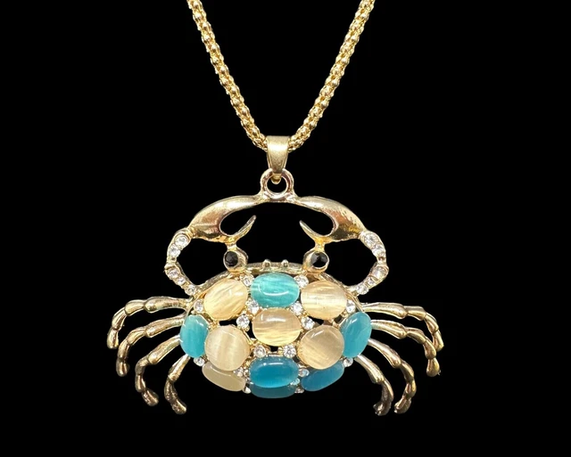 Betsey Johnson Necklace Blue White Cat Eye Crystal Crab Pendant Chain New Gift