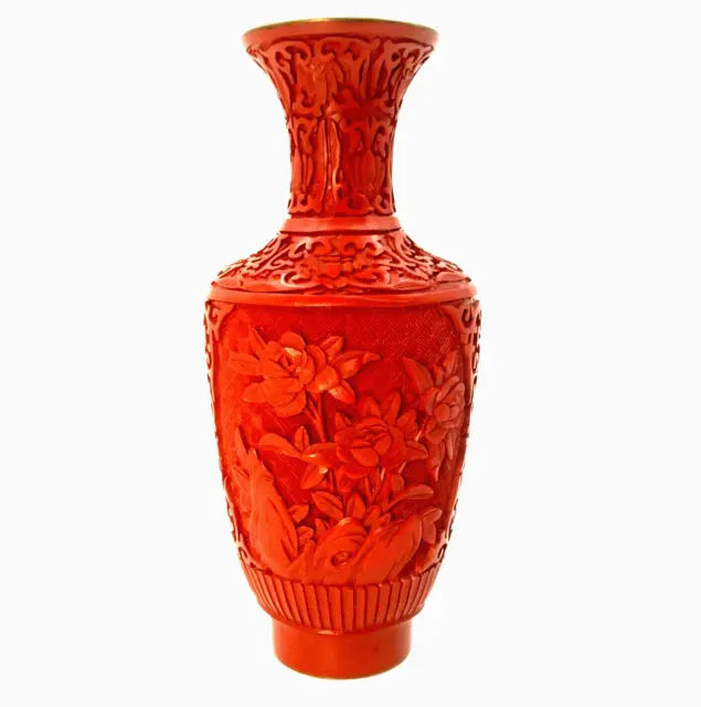 Vintage Cinnabar Lacquer Enamel Vase Carved Flowers Floral Chinese 9"