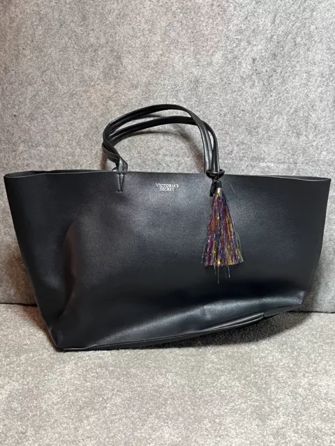 Victoria's Secret Black Pebbled Faux Leather Large Tote Bag with Tassel