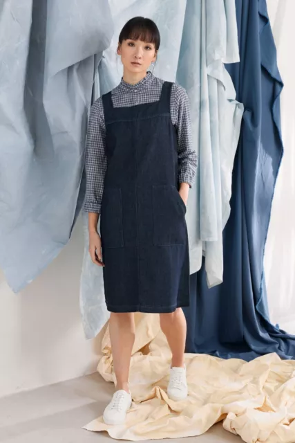 Monki denim midi pinafore dress in mid wash blue | ASOS