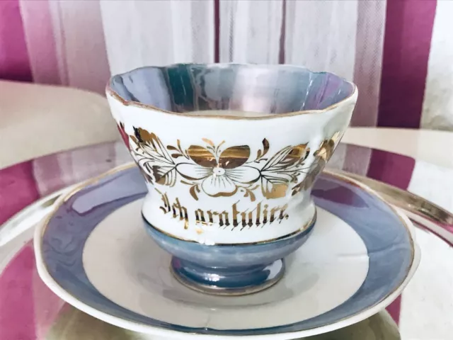 Antik Porzellan Andenken Becher blau weiß gold Gedeck Tasse „ Ich gratulire“