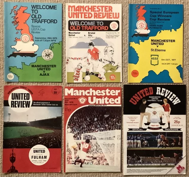 Manchester Utd 1970s programmes (6 of) vs Ajax / St Etienne / Spurs … inc tokens