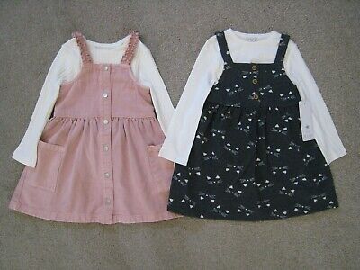 BNWT F&F GIRLS 2 x CAT PINAFORE DRESS & T-SHIRT TOP OUTFIT - 2 PACK - 3-4 YEARS