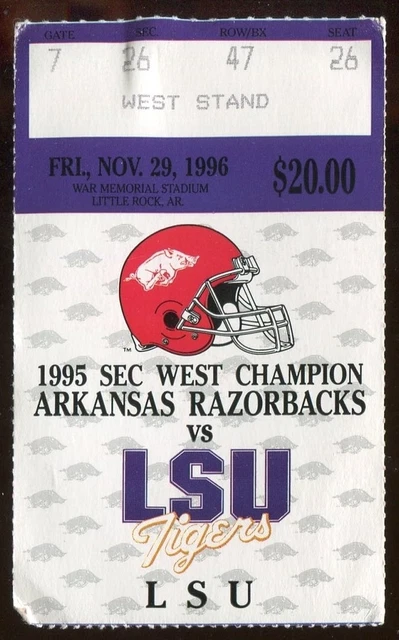College Football Ticket Arkansas 1996 11/29 LSU SEC