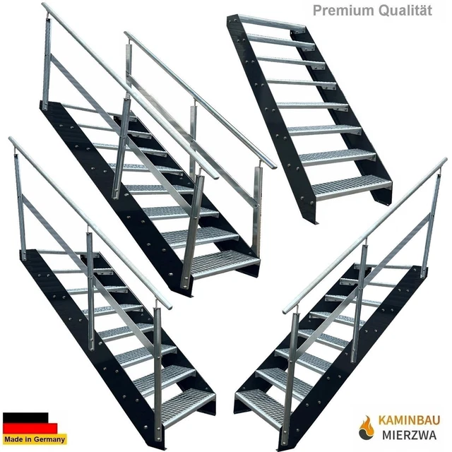 Premium Treppe 8 Stufen Breite 60-140cm H:152cm Außentreppe Geländer Wange Anth.