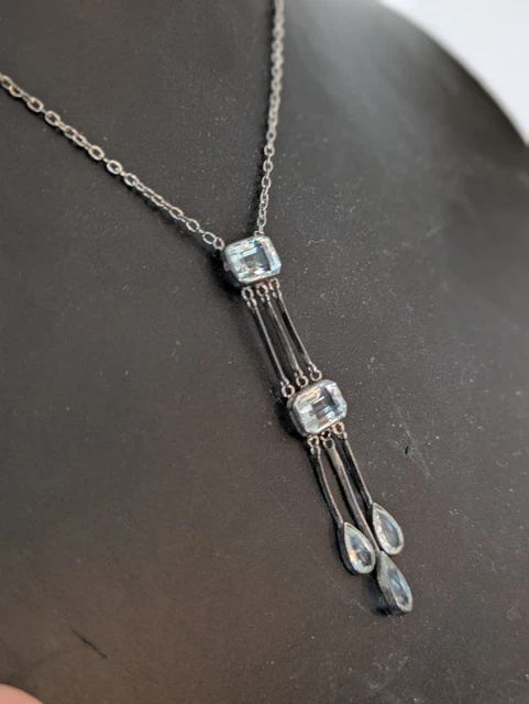 Collier Vintage En Métal Argenté Avec Pierres Bleues - Ancien Bijou Occasion - Pièce Unique