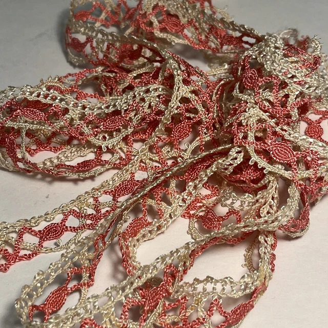 Antique French Torchon LACE  3.25 Yds X1”wide Pink And White Rayon Dolls Edging