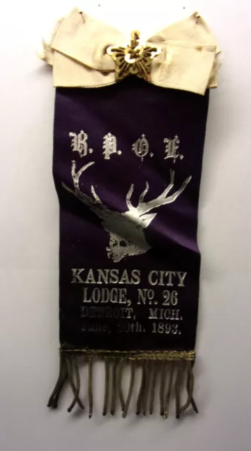 1893 BPOE ELKS DETROIT, MICH REUNION, Kansas City Lodge No. 26 Pin/Ribbon