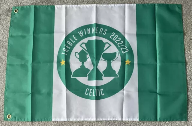 CELTIC TREBLE WINNERS 2023 FOOTBALL SUPPORTERS FLAG - 3x2 Feet - GREEN & WHITE