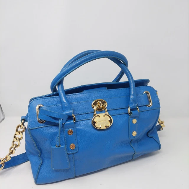 Emma Fox Cambridge Blue Pebbled Leather Handbag Gold Lock Double Handle Satchel