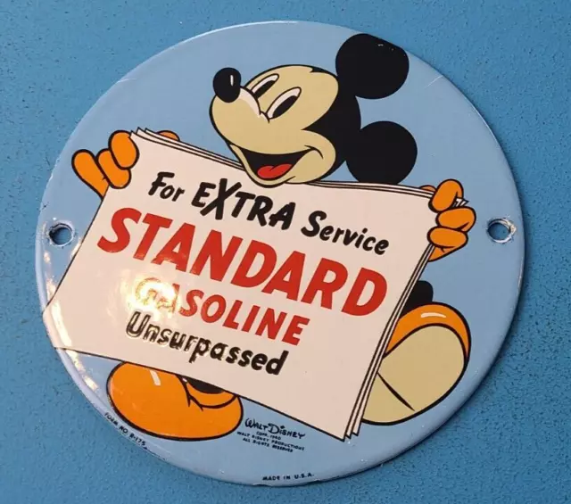 Vintage Standard Gasoline Porcelain 6 Inch Mickey Mouse Gas Service Pump Sign