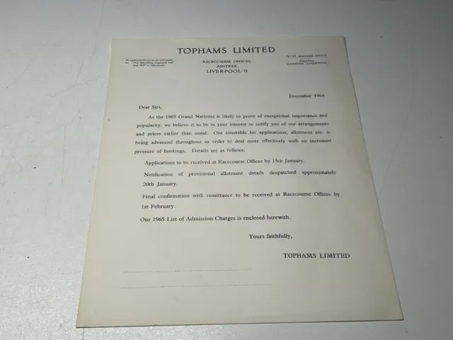 1964 Tophams Limited Racecourse Offices Aintree Grand National Letter