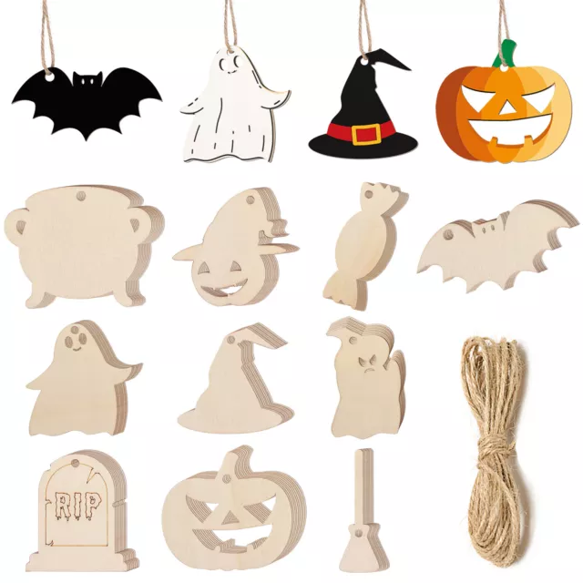 Oneant 100pcs Halloween Wooden Slices With 100pcs Rope Unfinished Wooden Cutouts