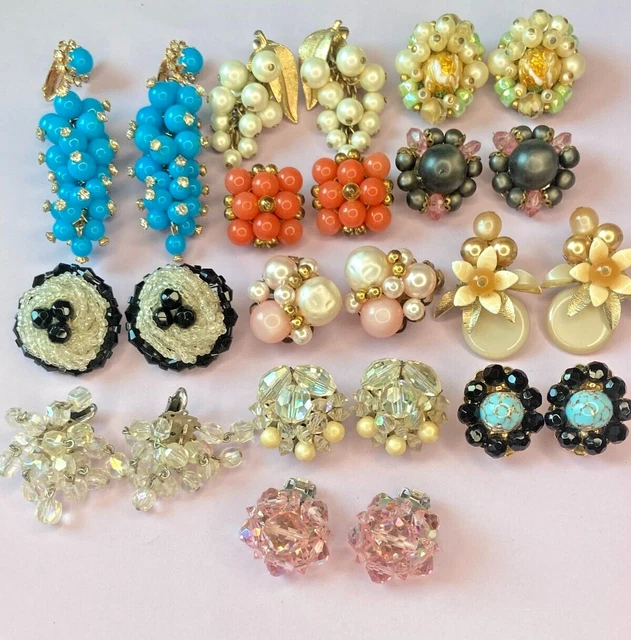 Vtg Lot Of 12 Pair Beaded Clip Earrings - Unmarked