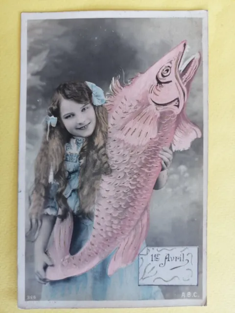 Antique FANCY APRIL 1ST FISH Young Girl April Fish Postcard