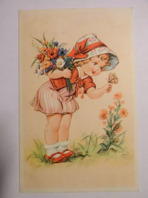 CPA - Fantaisie - Petite fille - Fleurs et papillon - Vierge