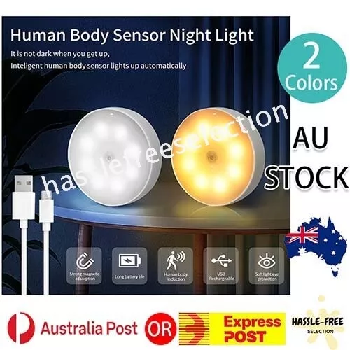 Round Motion Sensor Night Light Lamp Wall USB Rechargeable Cabinet Bedside Kids