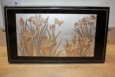 Vintage Japan Black Lacquer Jewelry Box Copper Brass Butterfly Floral Decor