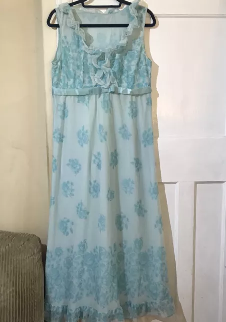 St Michael Night Dress Vintage 60s 70s Nylon Blue Floral Maxi Size Approx UK 14