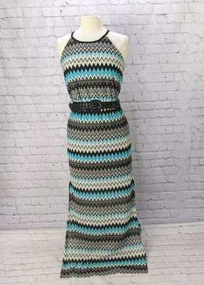 Bisou Bisou Maxi Dress Size 8 Turquoise & Black Zig Zag Design Semi Sheer Knit