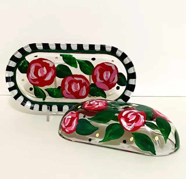 Hand Painted Glass Butter Dish & Lid - Red Roses, Black & White Stripes - Signed
