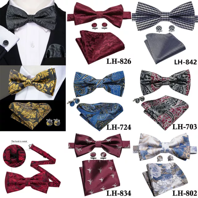 Mens Pre-Tied Bow Tie Gold Red Paisley Bowtie Hanky Cufflinks Set Wedding Party