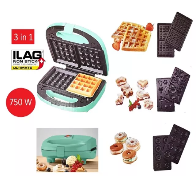 TOP 3 in1 Waffeleisen Waffel Automat Wechselplatten Donuts Maker 750 W