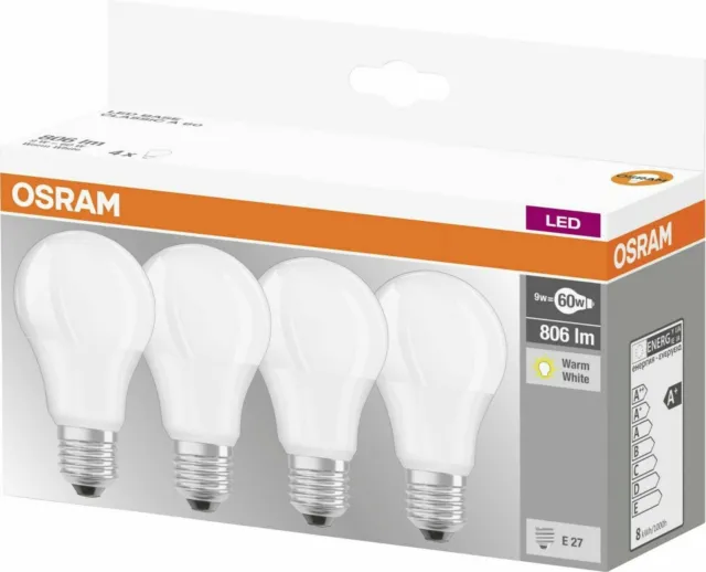 4er-Pack Osram LED BASE A60 E27 9W 2700K Warmweiß LED Lampe 60W Glühbirne 60x110