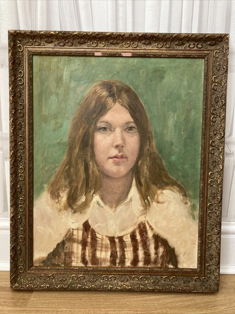 VINTAGE OIL PAINTING On Canvas Female Portrait Signed Verso Framed ...