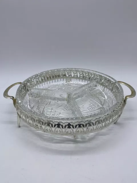 Lovely Vintage Silver Plated Three Section Clear Cut Glass Serving Platter Dish
