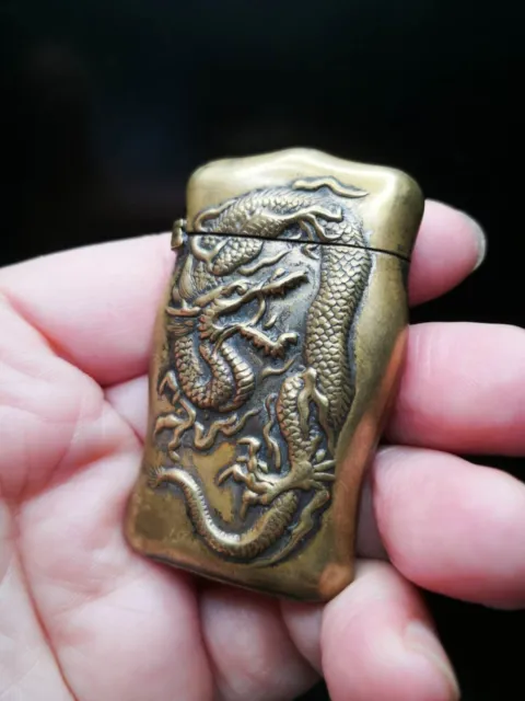 Antique Japanese Dragon Brass Match Safe / Vesta Case