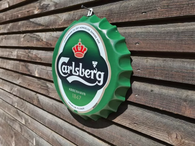 Wandkunst Carlsberg/Schild/Vintage Blech Metall 35 cm Flasche Top Bar Pub handgefertigt