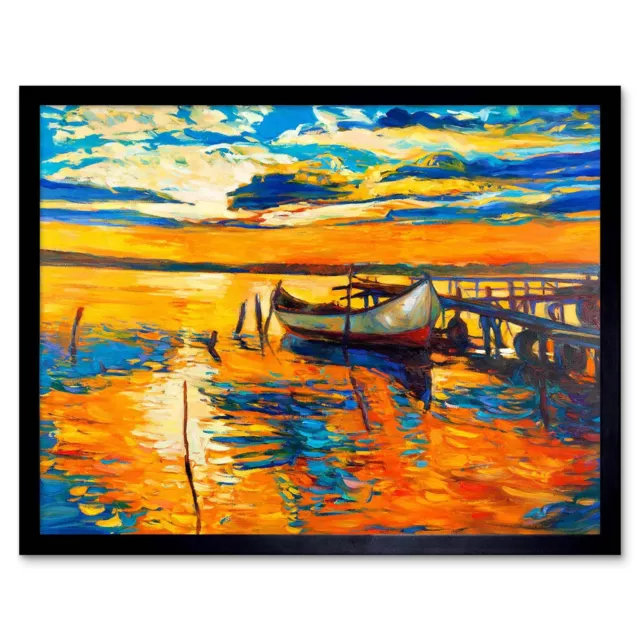 Boat Pier Sunset Ocean 12X16 Inch Framed Art Print