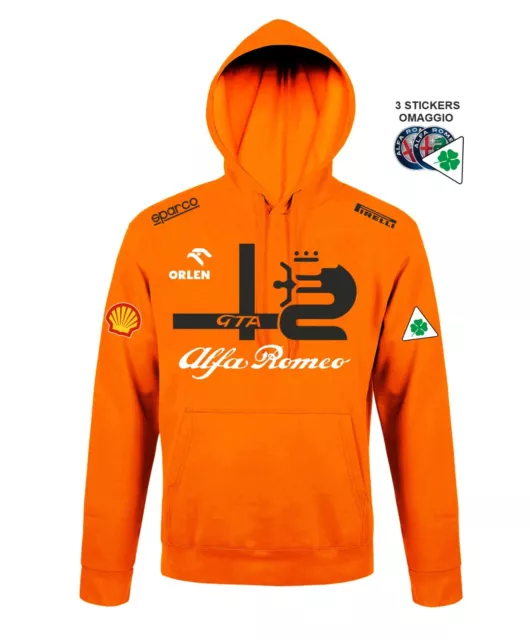 Felpa Orange Cappuccio ALFA ROMEO Racing Team replica auto GP scuderia+3stickers