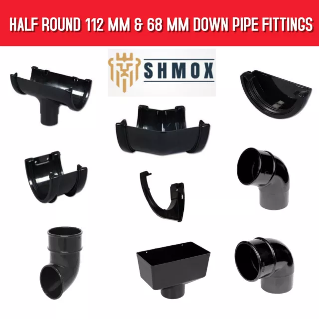 Half Round 112mm Guttering & 68mm Down pipe Fittings | BLACK / WHITE | FREE SHIP