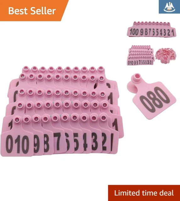 Ear Tags: Plastic Livestock Tags for Sheep Cattle Calf Hog - 001-100 - Pink