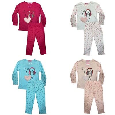 Girls Kids Pyjamas Long Sleeve Top Bottom Set Nightwear Jersey PJs Cotton Music