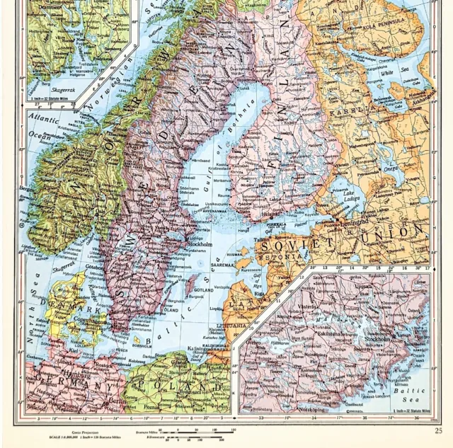 1956 Norway Sweden Finland Map Soviet Union Germany Poland Iceland Leningrad