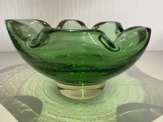 Hand Blown Art Glass Bubbles Green Wavy Edge Bowl Dish Ashtray