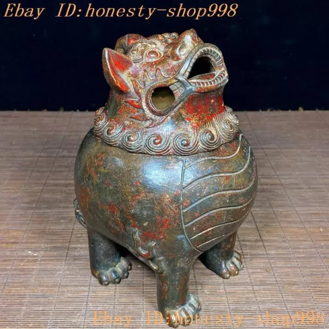 7.6'' Marked China dynasty bronze Gilt lion Foo dog statue Incense burner Censer