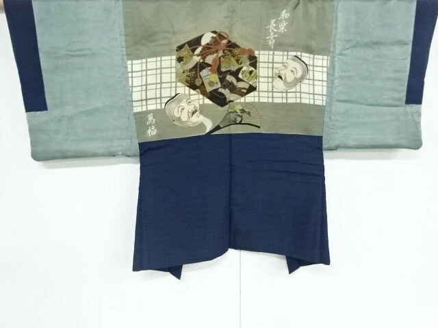 40746# Japanese Kimono / Antique Mens Haori / Fushi Tsumugi / Noh Mask (Lining)