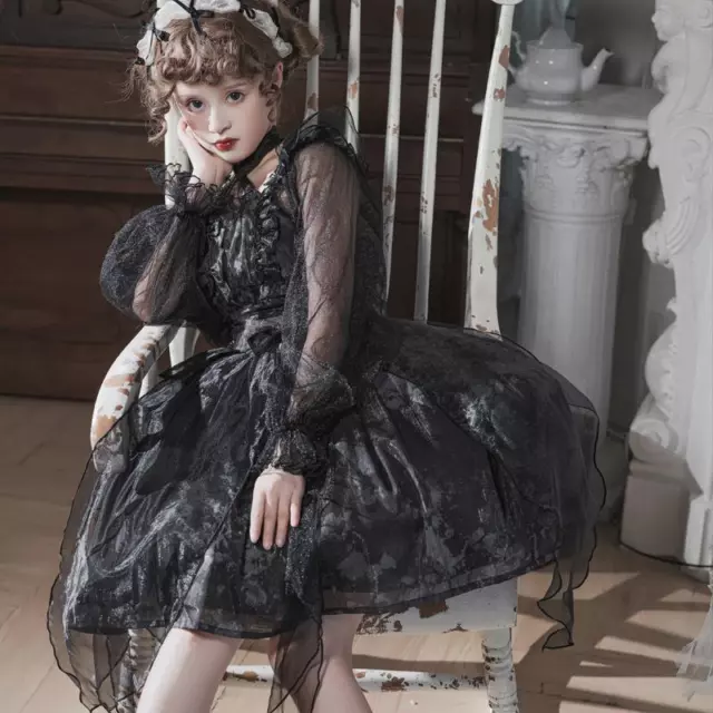 Donna Gotico Abito a Balze Rete Puff Maniche Fiocco Steampunk Cosplay Irregular
