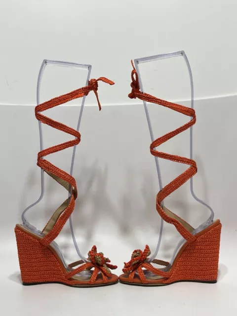 Vtg Dolce & Gabbana Orange Flower Lace Up Wedge Heels 38.5