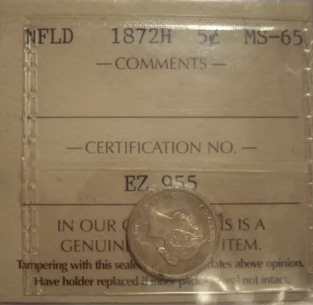 Canada Newfoundland 1872H Silver 5 Cents - ICCS MS-65