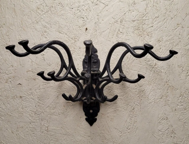 Cast Iron Victorian Wall Folding Hat Coat Rack 15 Hook Swivel Swing Arm