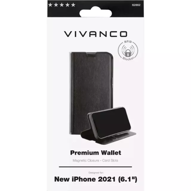 NEU Blitzversand VIVANCO Premium Wallet Booklet für Iphone 13 (6.1 '') Schwarz