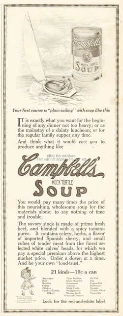 1912 Campbell Mock Turtle Soup Kid Camden NJ First Course is Plain Sailing Ad
